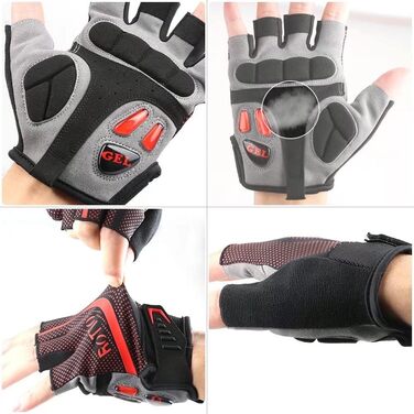 Велосипедні рукавички ROTTO напівпальцеві унісекс з гелевою амортизацією для MTB, шосе, фітнесу, даунхілу, чорно-червоні, розмір M