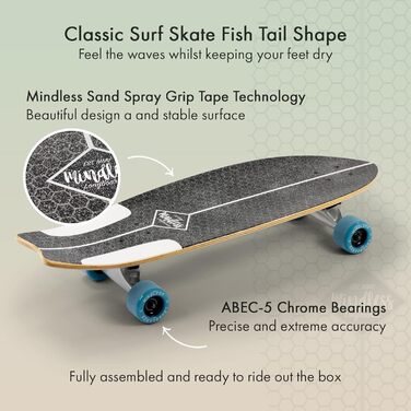 Серф-скейт Mindless Fish Tail 75,6 см, 7 шарів канадського клену, карвінг, швидкі повороти, підвіски 159 мм, жорсткість 82A, багатобарвний