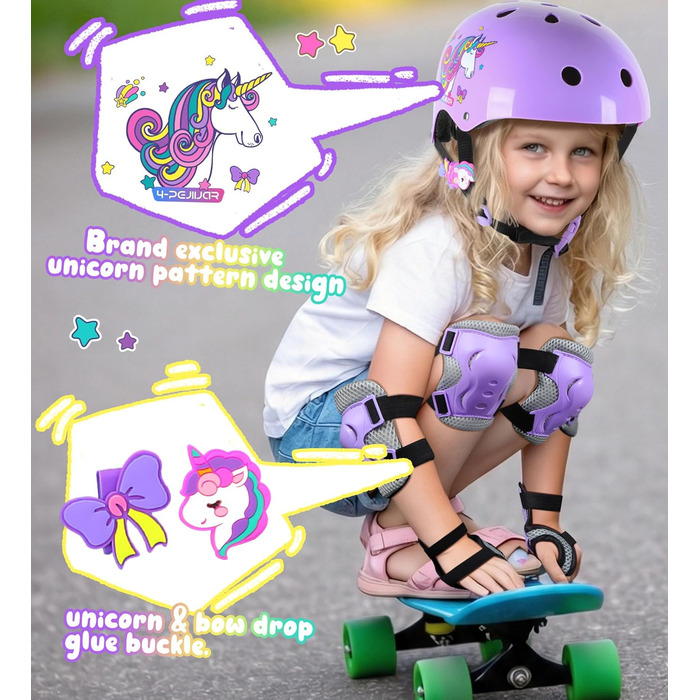 Дитячий шолом Einhorn для дівчаток з наколінниками. Захист для роликів, скейта, велосипеда. Розмір S (3-6 років).