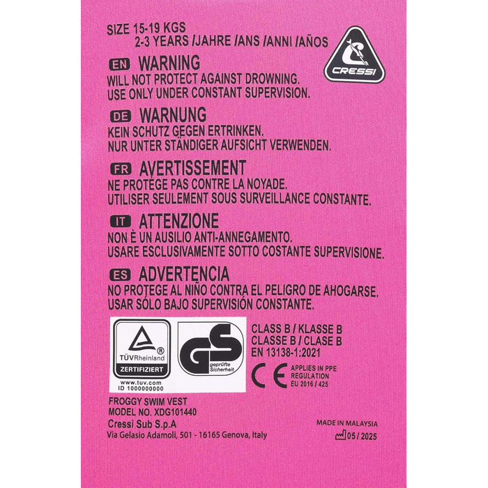 Жилет для плавання CRESSI Froggy Neoprene для дітей (Рожевий/Ліловий, M: 3-6 років)