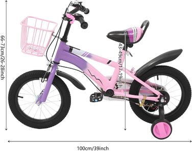 Дитяче велосипед 14 дюймів для хлопчиків та дівчаток з додатковими колесами та кошиком, від 3 років, з двома гальмами, регульоване сидіння та кермо, фіолетовий