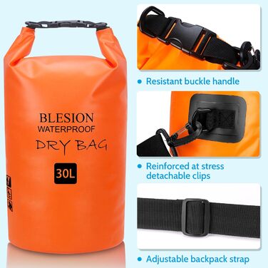 Водонепроникний мішок Dry Bag 5L/15L/20L/30L з регульованим плечовим ременем - рюкзак для каякінгу, риболовлі, плавання, піших прогулянок та подорожей (Оранжевий, 20L)