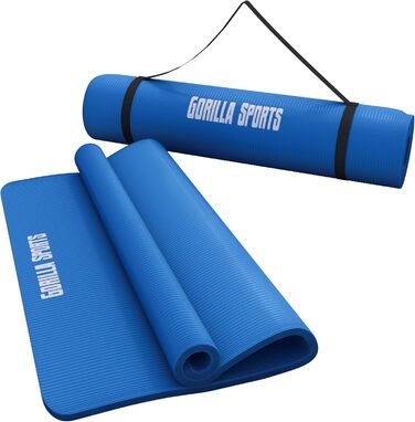 Килимок для йоги та фітнесу GORILLA SPORTS 190x100x1,5 см, королівський синій, нековзний, без фталатів, з ременем для перенесення