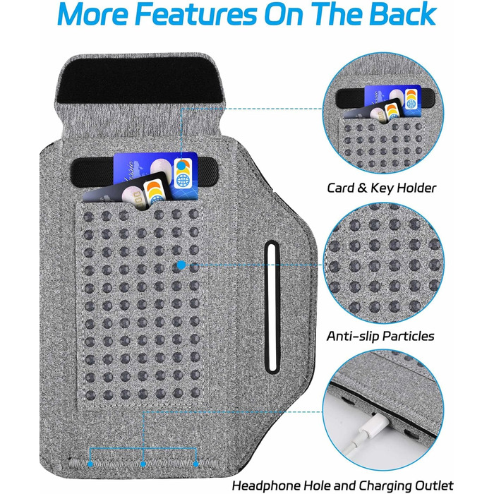 Чохол-тримач для телефону на руку Razobws для бігу з кишенею для навушників, сумісний з iPhone 17 16 15 14 13 12 11 Pro Max, Galaxy S24 S23 Ultra, чорний/сірий (до 6.8 дюймів)