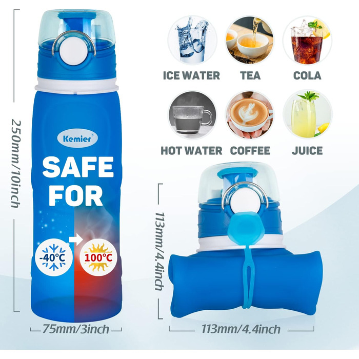 Пляшка для води силіконова складана 750 мл Kollabierbare (медичний силікон, BPA-free, FDA) - спортивна, герметична, блакитна