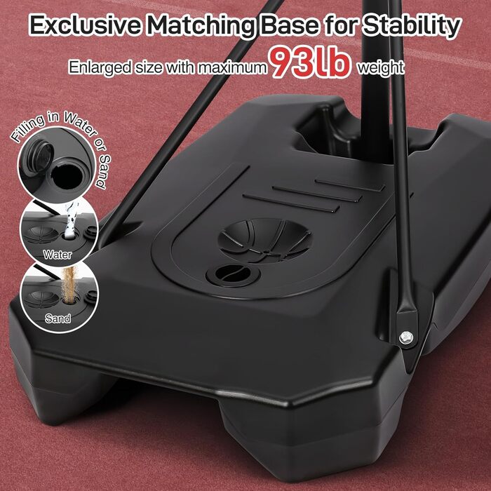 Баскетбольний кошик вуличний дитячий/підлітковий на колесах, регульована висота 147-260 см, з полікарбонатною щитом 82x53 см та розширеною основою, чорно-червоний