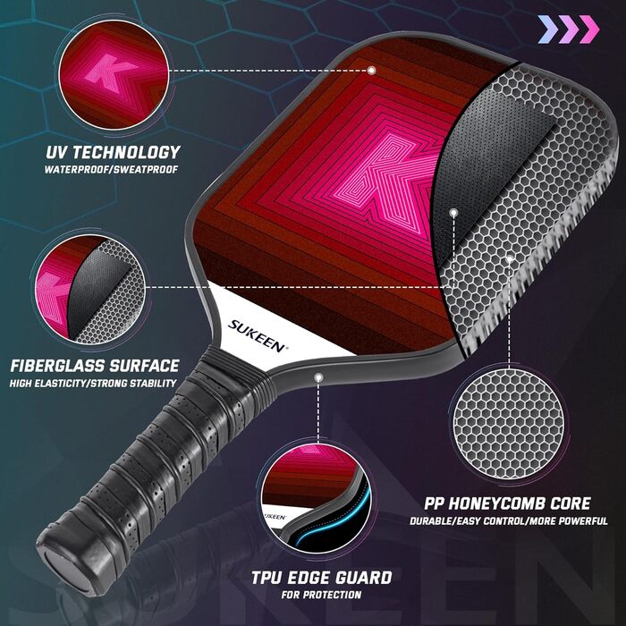 Набір ракет для піклболу Sukeen: 2 ракетки з фібергласовою поверхнею, для чоловіків та жінок, рожево-червоний колір