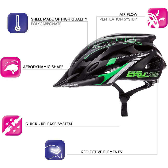 Шолом велосипедний Meteor Gruver для дорослих, дітей, MTB, BMX, роликів, скейтборду, скутера. Чорний, зелений, M (55-58 см)
