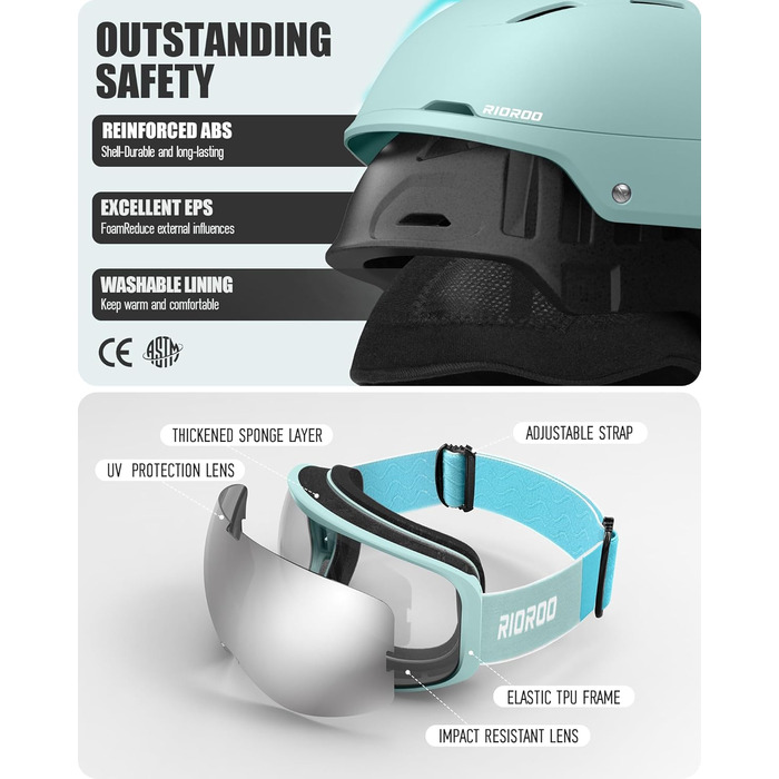 Шкільний захисний комплект для шолома Skihel, регульований вентильований захист для шолома, підходить для зимових видів спорту, сноубордингу, катання на лижах, вітрозахисний, підходить для підлітків (білий, teal, S)