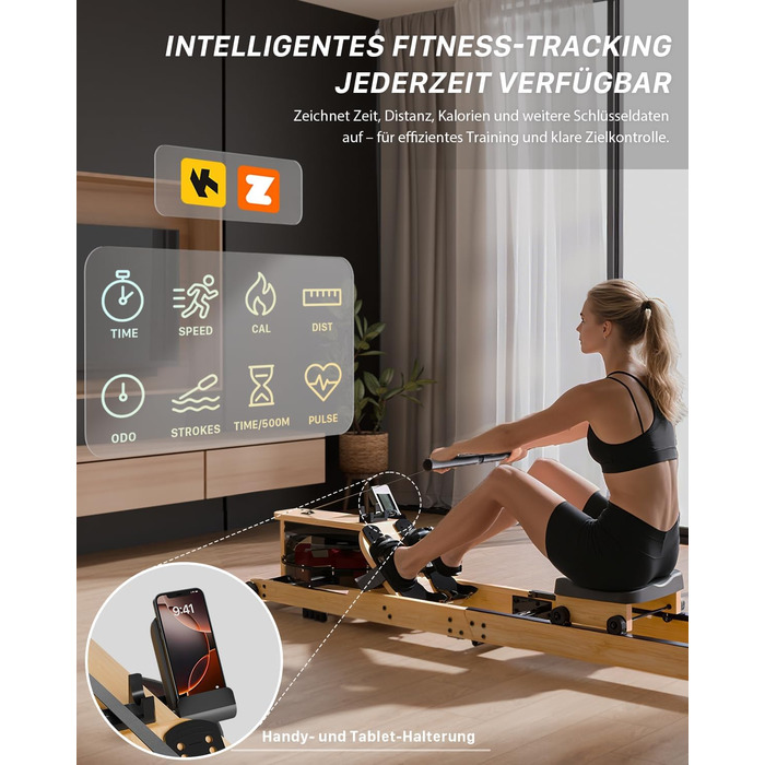 Гребний тренажер Aeriflo W100 з водою та бамбуком, складаний, з Bluetooth, дисплеєм та додатком, тихий, компактний, преміум-якість для дому