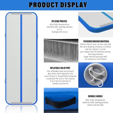 Гімнастичний надувний мат Dwzdd Air Track для дітей та дорослих, килим для тамблінга, гімнастики та чирлідингу, світло-блакитний (400x100x10 см)