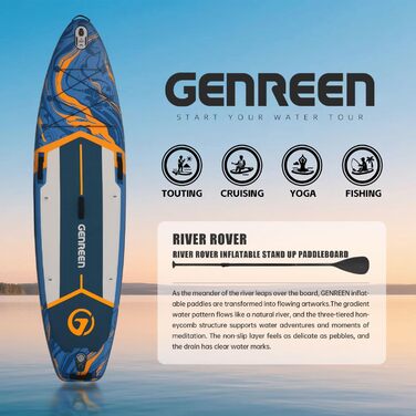 Надувне SUP-борд GENREEN (Extra Groß) для всіх рівнів підготовки, 335x86 см, з аксесуарами, тримач для камери, 3 фіни, вантажопідйомність до 200 кг (Ocean blue)