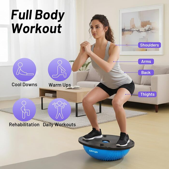 Йога-м'яч Ativafit для балансу та фітнесу 60*18 см, до 300 кг, з помпою та еспандером (блакитний)