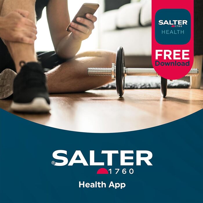 Розумні ваги Salter 180 кг – аналізатор складу тіла, 17 метрик, жир, вода, м'язова та кісткова маса, BMI, BMR, додаток Salter Health, 8 профілів, підсвічування, SA00656FEU6