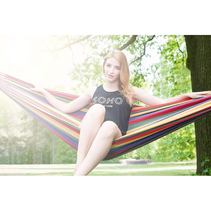 Гамак для відпочинку на відкритому повітрі з бавовни на 1 особу, 190 x 80 см, вантажопідйомність до 150 кг, з сумкою для перенесення. Ідеально підходить для пляжу, тераси, веранди, саду або двору.