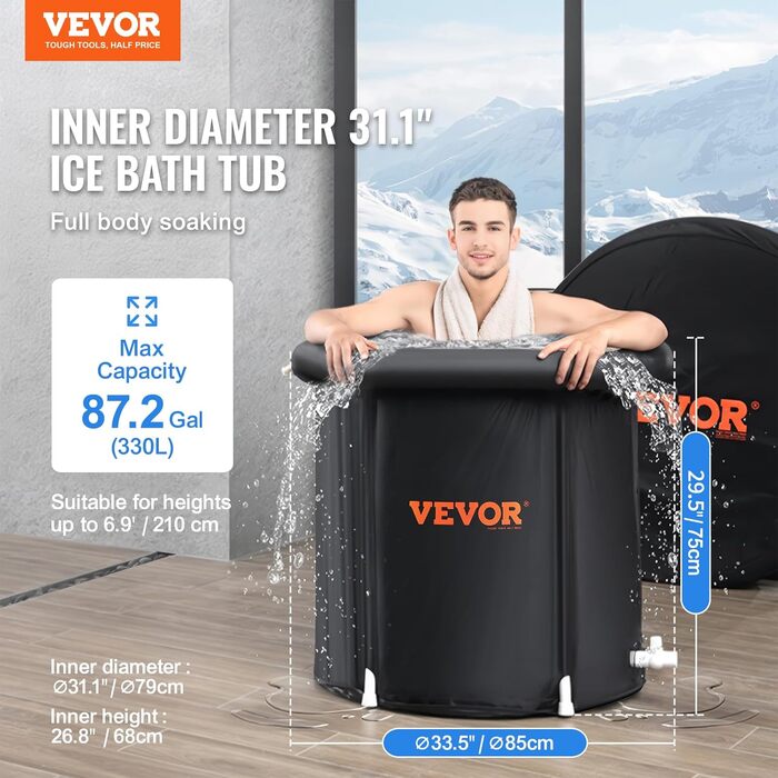VEVOR льодяна ванна 330 л, надувна складна ванна з кришкою, 85x75 см, бочка для крижаних ванн для дому та вулиці, кріотерапія, для спортсменів і початківців