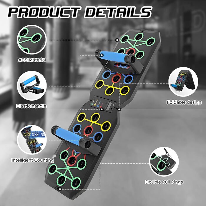 Багатофункціональна дошка для віджимань Push-Up Board з таймером-лічильником та 2 еластичними стрічками для тренування м'язів, складана