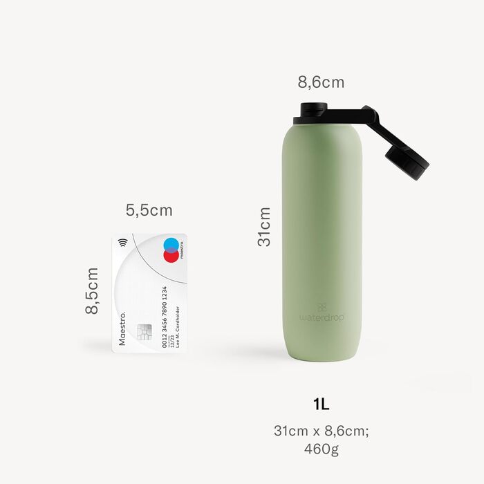 Термос-пляшка waterdrop® 1 л, ізольована, нержавіюча сталь, 24 год холоду, 12 год тепла, герметична, ударостійка, чорний матовий, з кришкою Swing
