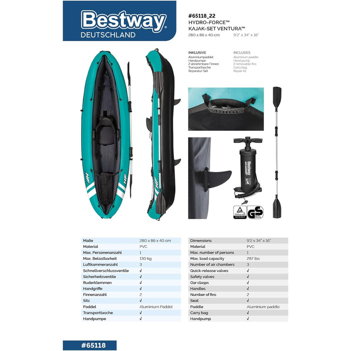 Надувний каяк Bestway Hydro-Force Ventura 280×86×40 см, комплект