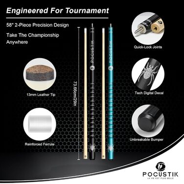 Більярдні кийки POCUSTIK 147,3 см (2 шт.) з канадського акації, ергономічні, об'єм 595 мл, для дому, синій + фіолетовий або чорний + червоний, чорний/білий (чорний та блакитно-зелений)