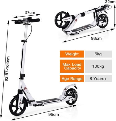 GOPLUS Roller Kinder 8 років: міський тредролер для дітей, підлітків та дорослих (до 100 кг), регульована висота, складний, з гальмом та ременем (білий)