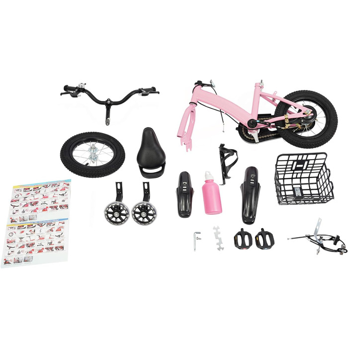 Дитяче велосипед 12 дюймів з регульованою висотою сідла, для дітей 2-5 років. Тренувальний велосипед з додатковими колесами, кошиком та пляшкою. Підходить для дівчаток та хлопчиків (Рожевий)