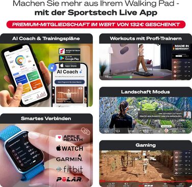 Біговий тренажер Sportstech для дому, ходьбовий килимок, 1-8 км/год, тренажер під стіл, нахил 11,5%, тихий, з підключенням до додатку, вантажопідйомність 120 кг, компактний, LCD дисплей, для дому, sWalk сірий