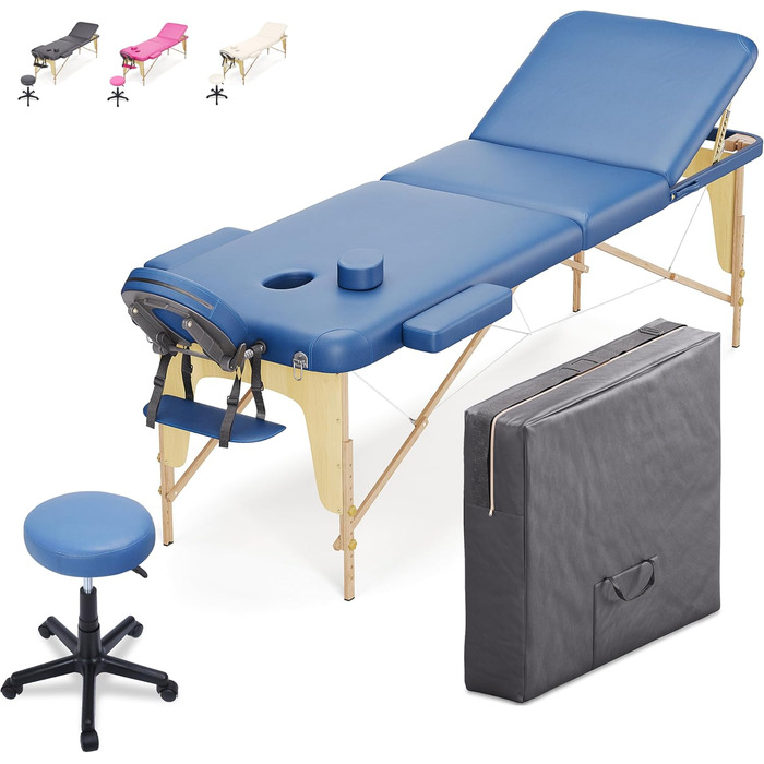 Мобільний масажний стіл Beltom® з 3 зонами, складаний + табурет для косметології - Рожевий (Блакитний)