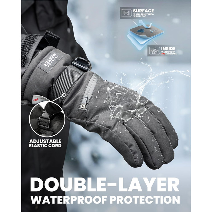 Зимові лижні рукавички OutdoorMaster для чоловіків та жінок, 3M Thinsulate, водонепроникні, теплі, вітрозахисні, з подвійною кишенею, чорні, розмір L