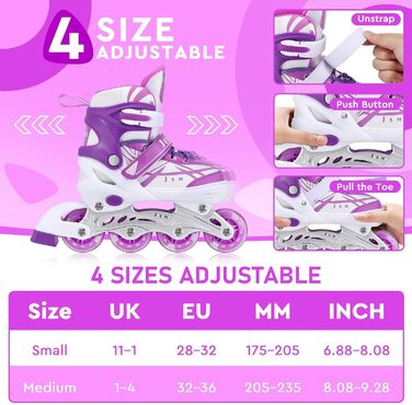 Дитячі ролики для дівчаток, регульовані, ролики-інлайни, ролики для дітей, для занять в приміщенні та на вулиці, розмір M (EU32-36), фіолетовий