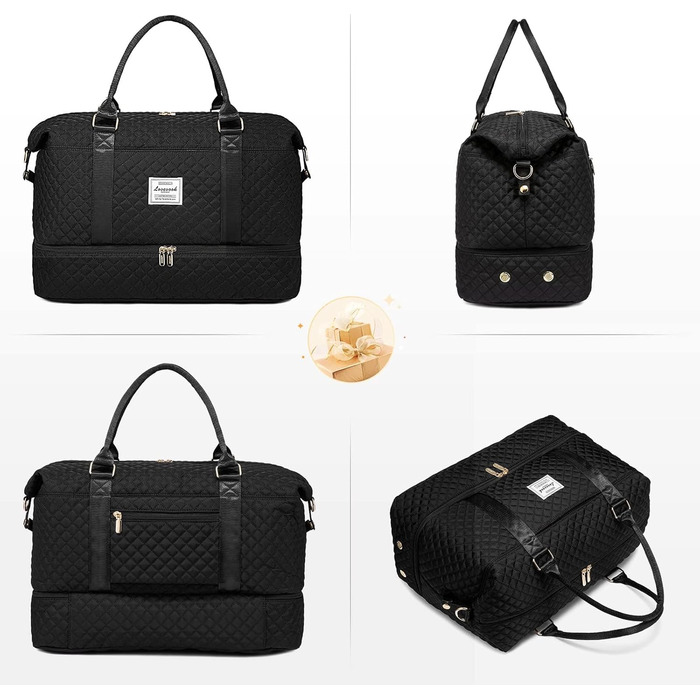 Спортивна сумка LOVEVOOK для жінок з відділенням для взуття та мокрих речей, велика дорожня сумка-вояджер, комплект з косметичкою, водонепроникна, ручна поклажа для літака, спортзал, чорна (M-2pcs)