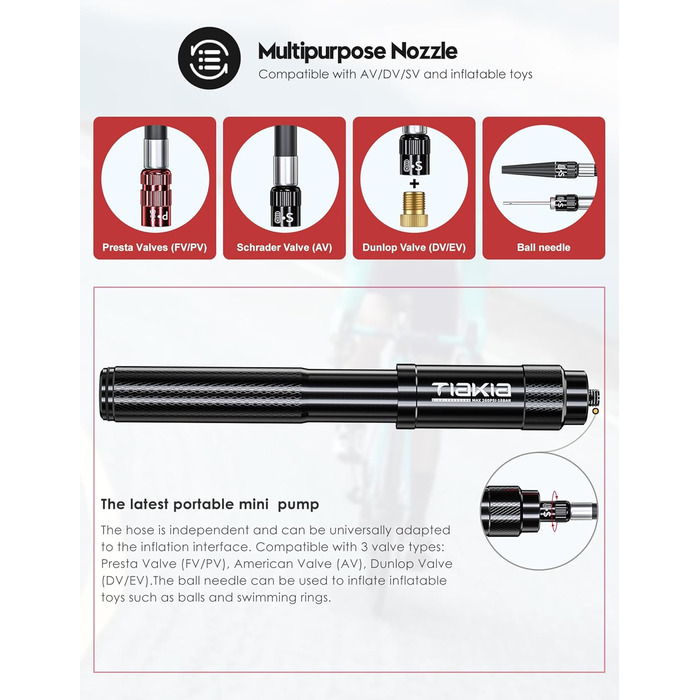 Насос для велосипеда Tiakia Mini 260PSI: компактний ручний насос для Presta, Schrader, Dunlop вентилів. Підходить для BMX, MTB, шосе, електровелосипедів. З кріпленням. Чорний.