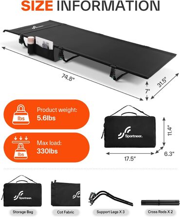 Розкладне ліжко Sportneer для кемпінгу та відпочинку на природі: легке, компактне, алюмінієве (190x70 см)