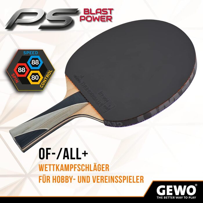 GEWO PS Blast Power – професійна ракетка для настільного тенісу, ITTF, універсальна, накладка Thunderball 2, 1,8 мм, висока обертальність, конкавна ручка