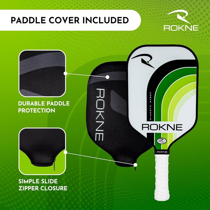 Професійна ракетка для піклболу ROKNE Curve Classic з фіброволокна, USAPA сертифікована, ProGrit текстура для максимального спіну і потужності, з чохлом (лаймова)