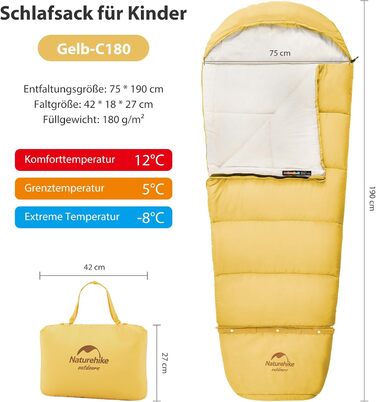 Дитячий спальний мішок Naturehike C100-Gelb для кемпінгу, подорожей, літа, весни, осені (бавовна)