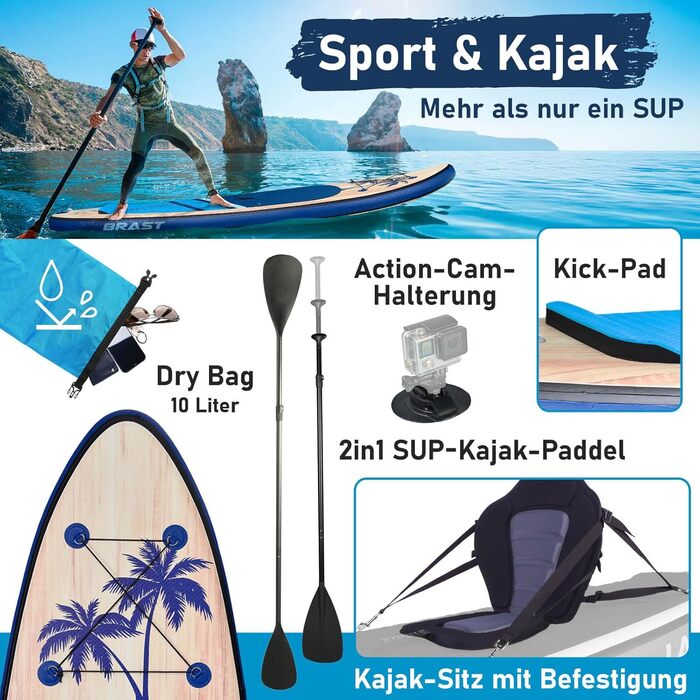 Надувний SUP Борд BRAST Tropic | Комплект для станд-ап паддлбордингу | 320x81x15см | 6 дизайнів | 5 років гарантії | з аксесуарами | 2в1: SUP та каяк, крісло, тримач Action-Cam, петля для ніг, насос, рюкзак (Блакитний)