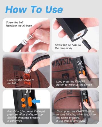 Електричний насос для м'ячів Teffim: 4 режими, 15 PSI, манометр, 3 голки для баскетболу та футболу