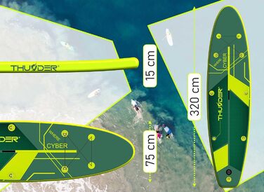 Надувна SUP-дошка THUNDER 320/365 см, зелена, антиковзка, PVC, з помпою, рюкзаком та регульованим веслом – ідеальна для заміни каяка або понтона