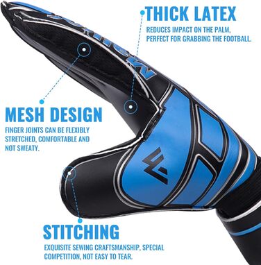 Футбольні воротарські рукавички Malker для дорослих, молоді та дітей з захистом пальців, покращений зчеплення, антиковзаючі, запобігають травмам, чорний/білий (синій/чорний, 5)