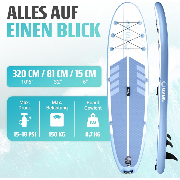 Надувний SUP Борд Fitleap Premium Stand Up Paddle Board - Комплект з насосом, веслом та рюкзаком. Підходить для йоги, серфінгу та водних видів спорту. Для 1 особи.