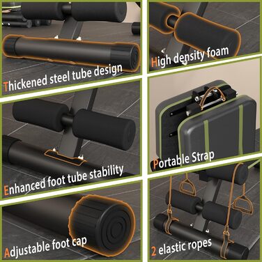 Регульована лава для тренажерного залу вдома, складана лава для занять спортом на 317,5 кг з 9 положеннями спинки, універсальна лава для жиму з можливістю нахилу та регулювання, з 2 еластичними стрічками