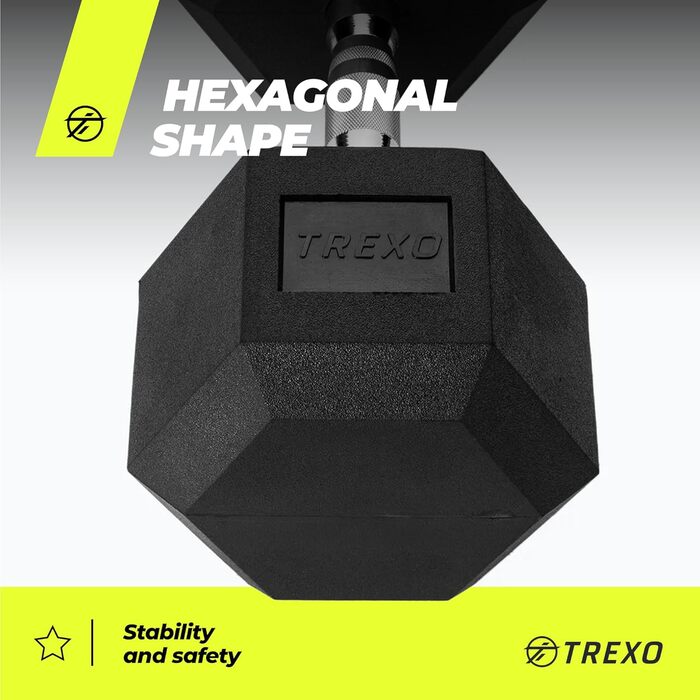 Гантеля TREXO Hex 32,5 кг, гексагональна, гумова, чавунна, для силових тренувань, ергономічна ручка