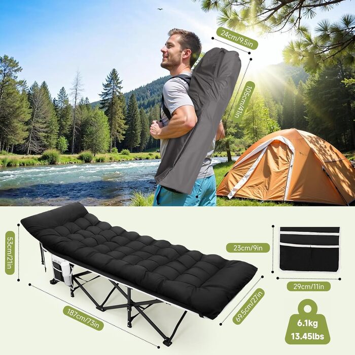 Розкладне ліжко Warmiehomy XXL з матрацом для дорослих, гостьове ліжко, широке та міцне, для кемпінгу, відпочинку, офісу, саду, сіре (чорне), з матрацом