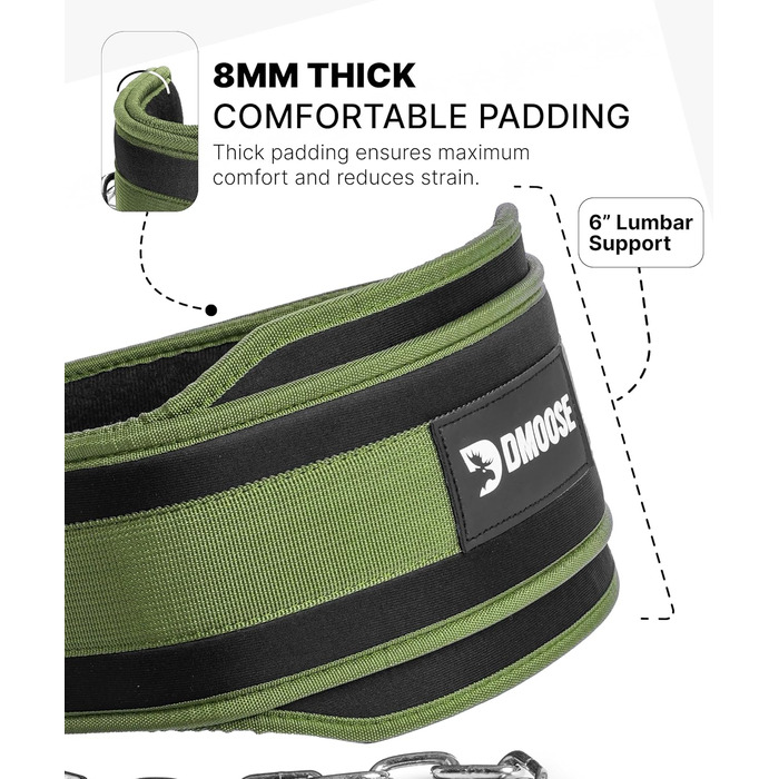 Пояс для важкої атлетики DMoose Dip з 36' сталевою ланцюгом - для підтягувань, присідань, пауерліфтингу. Зручна неопренова підтримка. Для чоловіків та жінок.