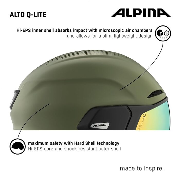 Гірськолижний шолом ALPINA ALTO Q-LITE, захисний, з ударопоглинанням, регульований, з контрастним візором, для дорослих, оливковий матовий, 55-59 см