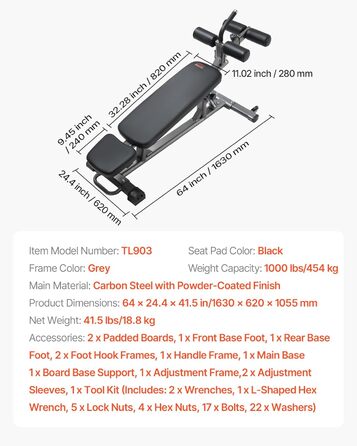 VEVOR лавка для пресу, Bauchbank з обертовим ручками, регульована висота, міцна сталь, 500/600/453,6 кг, для фітнесу вдома, силові тренування, лавка для пресу/1000lbs