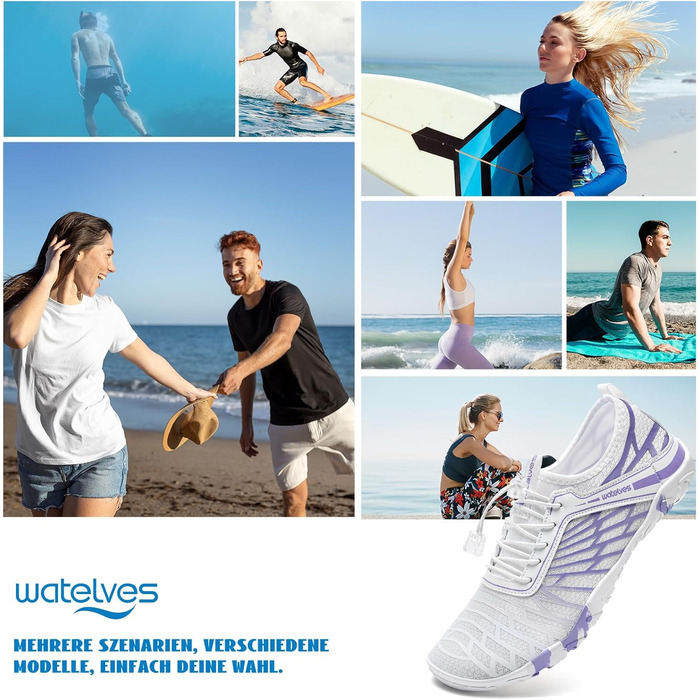 Шкарпетки для плавання та водних видів спорту WateLves: чоловічі та жіночі, швидковисихаючі, унісекс, білі та фіолетові, 41 EU