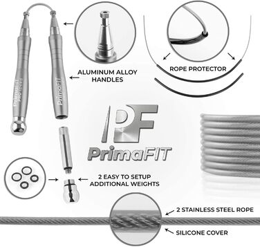 Скакалка PrimaFIT для дорослих 3м, професійна, регульована, з вагами, 2 підшипники, антиковзкі ручки, для боксу, MMA, кросфіту, сталевий трос, з сумкою, срібляста