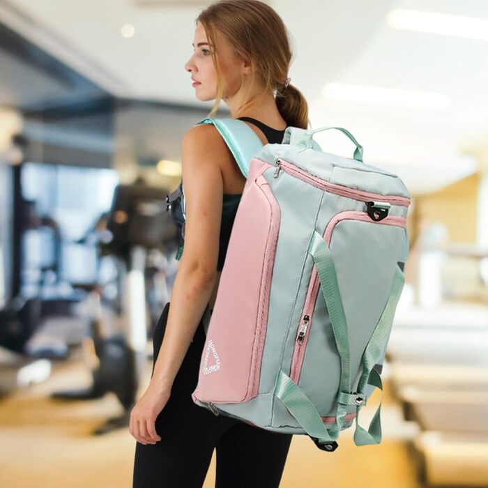 Спортивна сумка для жінок 45L з відділенням для взуття, мокрою сумкою, водонепроникна, для подорожей, спортзалу, басейну. Сумка-рюкзак для фітнесу, спорту, подорожей. Зелена/Рожева.